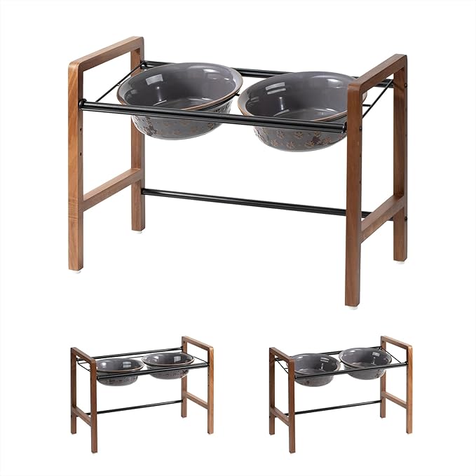 7.1inch Ceramic Adjustable Raised Double Bowls Set with Stand, 3 Heights Elevated, 2 Placement Options,Food and Water Bowls for Medium and Large Dog(Reactived Glaze -Grey)-PawvioPets