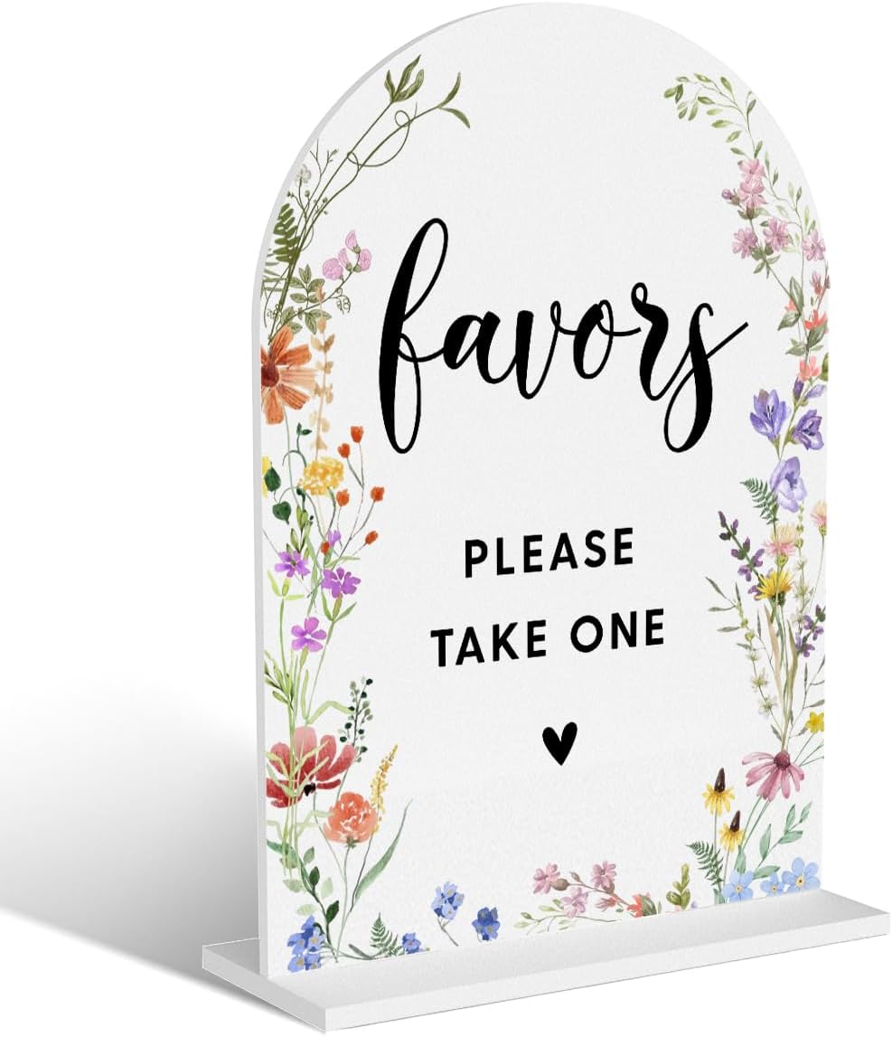 Acrylic Wedding Signs, Favors Please Take One Signs for Marriage Reception, Bridal Shower Decorations, Modern Arched Round Top Acrylic Table Top Sign with Holder for Wedding Party (White Wildflowers)