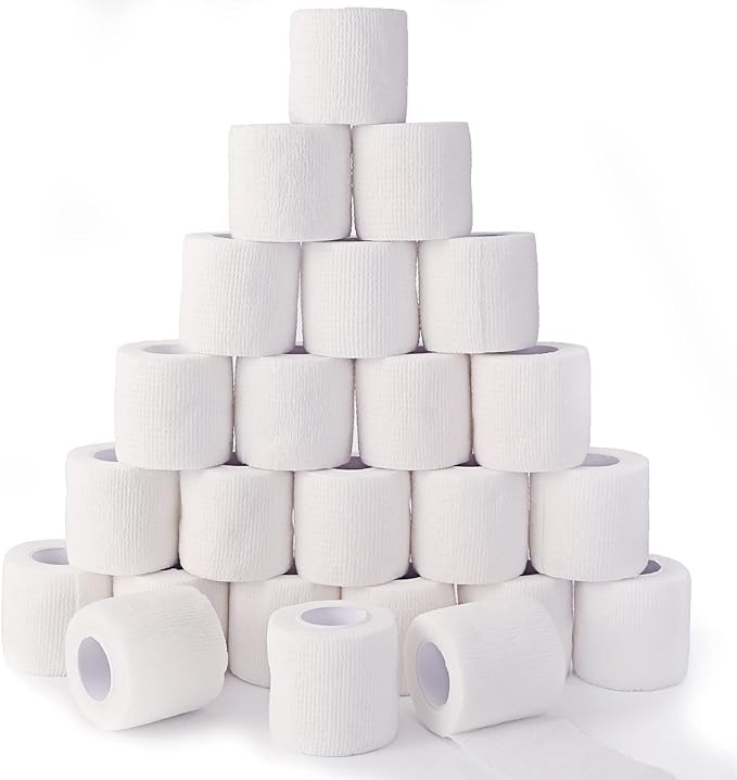 24 Pack White Self Adhesive Bandage, 2” x 5 Yards Medical Wrap, Cohesive Bandage Wrap, White Tape Baseball, Self Stick Bandage Tpae, First Aid Gauze for Ankle, Leg, Arm-PawvioPets