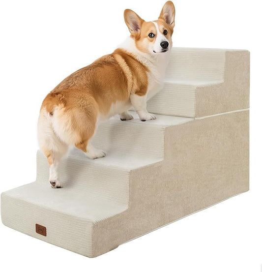 Dog Stairs for High Bed, Dog Steps for Bed Couch Sofa, 35D Foam Extra Wide Pet Steps for Small Dogs and Cats, Pet Stairs with Non-Slip Bottom Beige, 5 Steps-PawvioPets