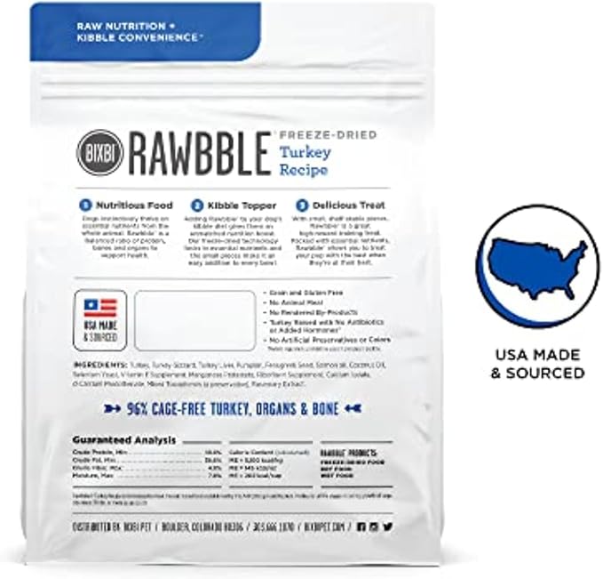 BIXBI Rawbble Freeze Dried Dog Food, Turkey Recipe, 4.5 oz - 96% Meat and Organs, No Fillers - Pantry-Friendly Raw Dog Food for Meal, Treat or Food Topper - USA Made in Small Batches-PawvioPets