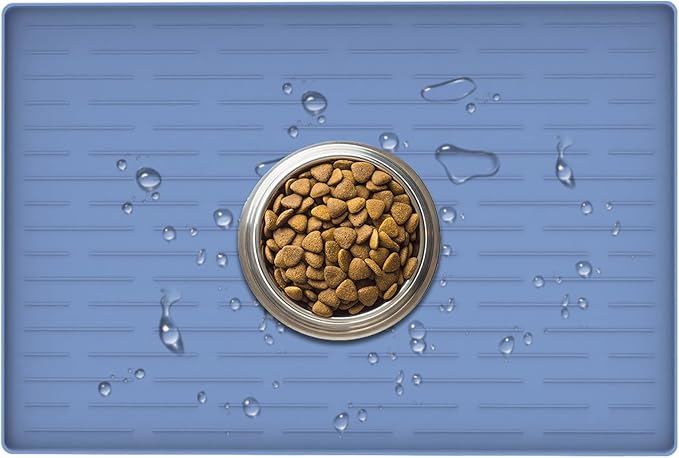 24" x 16" Dog Food Mat, Silicone Pet Mats for Food and Water, Nonslip Pet Feeding Mats for Floors, Dog Cat Bowl Mat with Raised Edges, Lake Blue-PawvioPets