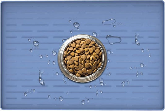 24" x 16" Dog Food Mat, Silicone Pet Mats for Food and Water, Nonslip Pet Feeding Mats for Floors, Dog Cat Bowl Mat with Raised Edges, Lake Blue-PawvioPets