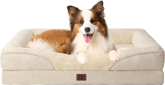 EHEYCIGA Memory Foam Dog Bed for Large Sized, Orthopedic Dog Sofa with Sides and Waterproof Liner, Washable Bolster Pet Couch with Removable Cover, 41x27x7.5 Inch, Beige-PawvioPets