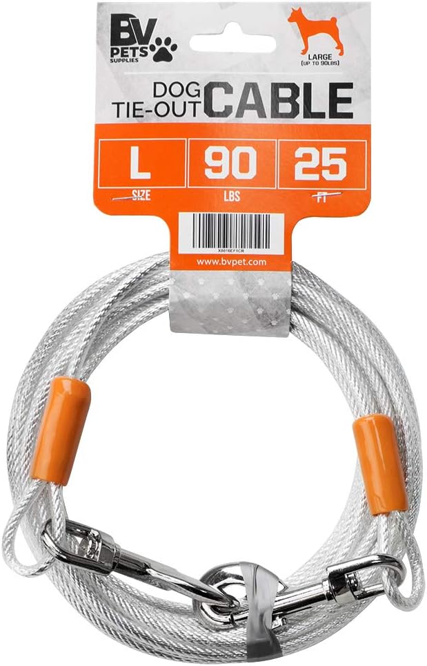 BV Dog Tie Out Cable 25 Feet - Heavy Duty Dog Lead up to 90 Pounds - Reflective & Rust-Free with Quick Release Swivel Clips & 360° Rotating Clasp - Tangle-Free Dogs Runner for Yard (Silver, Single)-PawvioPets
