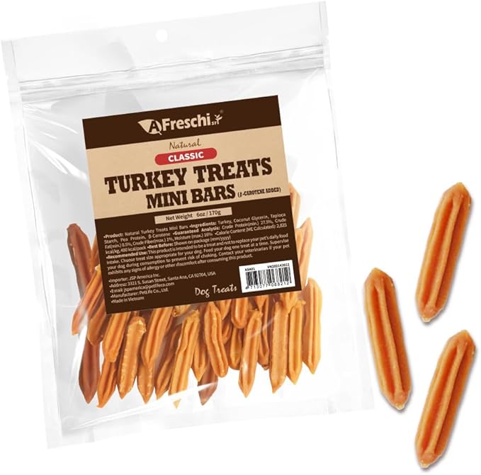 Afreschi Natural Turkey Treats Mini Bars – 6 oz, USA-Sourced Trukey, All-Natural, Hypoallergenic, Low-Fat, Healthy & Easily Digestible, Puppy & Training Snack-PawvioPets