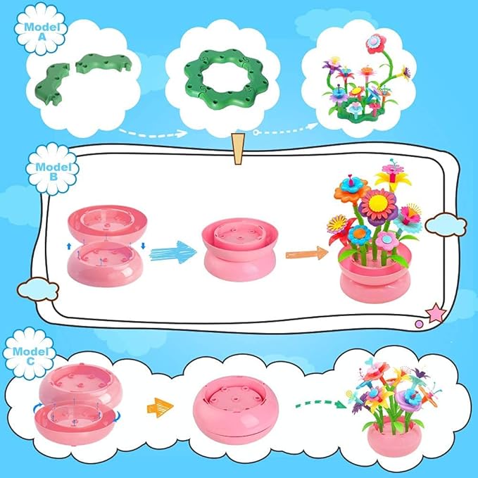 BEMITON Flower Building Toy Set for Girls, Best Birthday Gifts for 3 4 5 6 7 Year Old Kids, Arts and Crafts Kit for Toddlers, STEM Activities and Gardening Pretend Playset, 148 pcs-PawvioPets