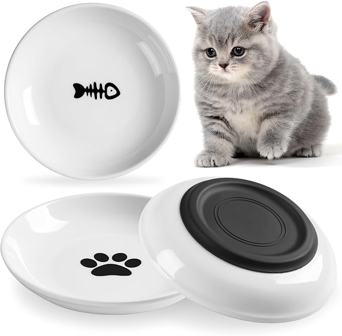 Cat Food Bowl,Healthy Ceramic Cat Bowls for Indoor Cats,Anti Whisker Fatigue Cats Dishes Set,Shallow Wide Kitten Plates for Food and Water,Non-Slip Silicone Bottom,3 Pack-PawvioPets