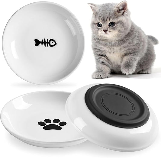 Cat Food Bowl,Healthy Ceramic Cat Bowls for Indoor Cats,Anti Whisker Fatigue Cats Dishes Set,Shallow Wide Kitten Plates for Food and Water,Non-Slip Silicone Bottom,3 Pack-PawvioPets