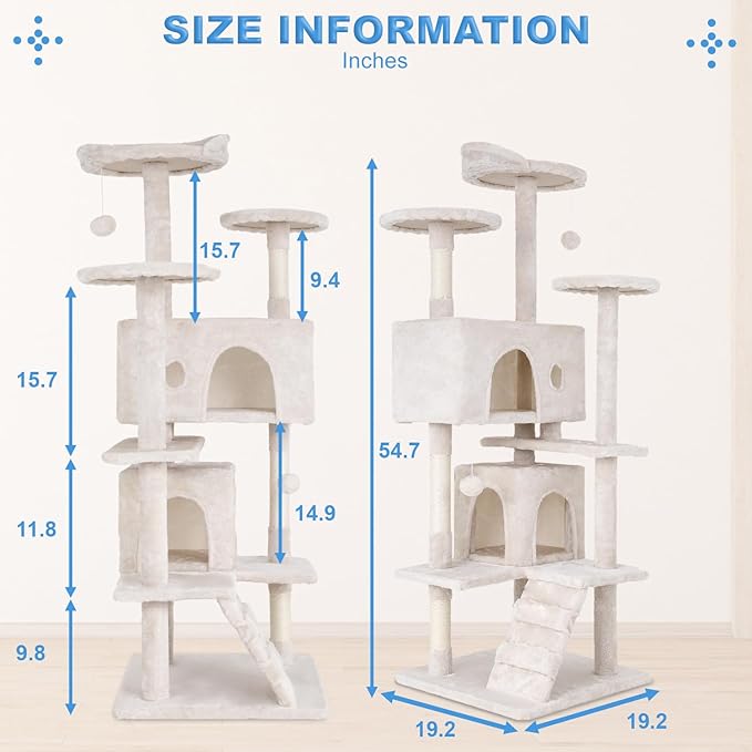 FDW Cat Tree 54in Cat Tower Multi-Level Durable Cat Scratching Post & Cozy Fun Cat Jumping Platform Space Saving Cat Condo Pet Play House for Indoor Cats,Beige-PawvioPets