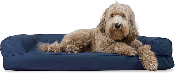 Furhaven Cooling Gel Dog Bed for Large/Medium Dogs w/ Removable Bolsters & Washable Cover, For Dogs Up to 55 lbs - Quilted Sofa - Navy (Blue), Large-PawvioPets