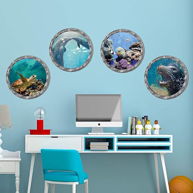 4 PCS Removable 3D Under The Sea Nature Scenery Wall Decals - Animals Wall Sticker Home Wall Art Decor for Bathroom Bedroom Door Kids Baby Nursery Room - Includes Turtles, Dolphins, Sea Lions, Coral-PawvioPets