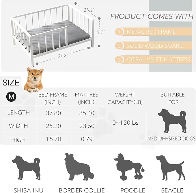 Dog Bed with Rails - Elevated Pet Metal Bed Frame with Solid Wood Board and Washable Soft Mat for Medium Dog Indoor or Outdoor Use, 25.2" x 37.8", White-PawvioPets