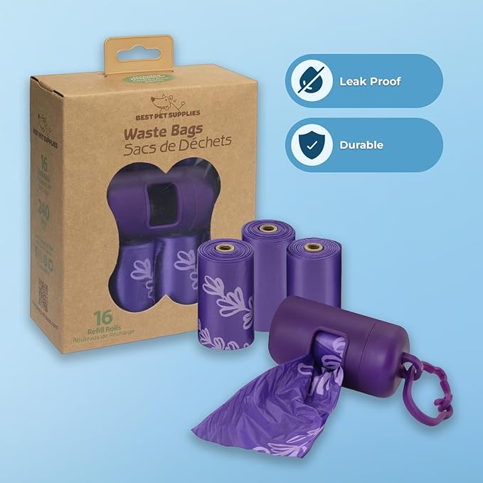 Best Pet Supplies Dog Poop Bags (240 Bags) for Waste Refuse Cleanup, Doggy Roll Replacements for Outdoor Puppy Walking and Travel, Leak Proof and Tear Resistant, Thick Plastic - Purple-PawvioPets