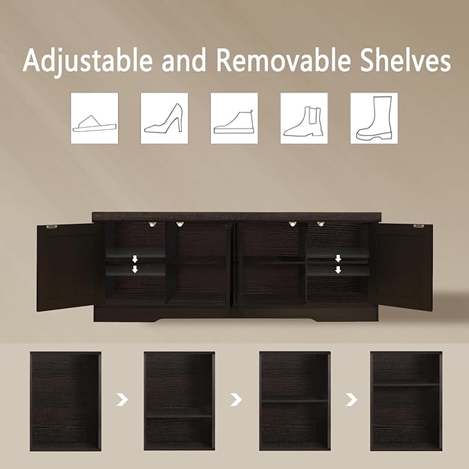 DINZI LVJ Shoe Bench, Entryway Storage Bench with Doors, Cushion, 2-Tier Shoe Rack with 8-Cubby, 47.2”L x 13.8”W Shoe Organizer Cabinet, Adjustable Shelf, Living Room, Bedroom, Espresso-PawvioPets