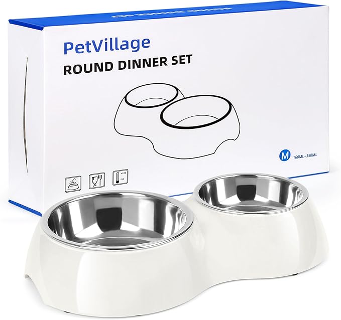 Double Dog Bowls Set – Non-Slip Pet Food & Water Dishes with Resin Stand, Includes Small (1 Cup) & Medium (2 Cups) Bowls – Ideal for Puppies, Cats, and Medium Dogs – White-PawvioPets