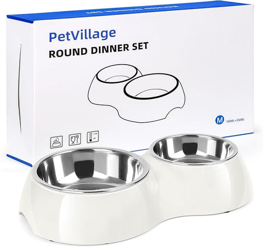 Double Dog Bowls Set – Non-Slip Pet Food & Water Dishes with Resin Stand, Includes Small (1 Cup) & Medium (2 Cups) Bowls – Ideal for Puppies, Cats, and Medium Dogs – White-PawvioPets