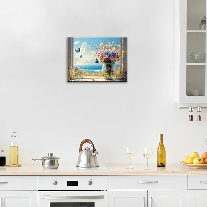 Beach Floral Bathroom Pictures Wall Art, Colorful Flower Bathroom Wall Decor, Coastal Ocean Framed Painting Canvas Artwork for Bedroom Living Room Decorations 16"L x 12"W-PawvioPets