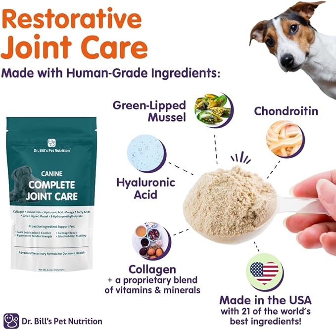 Dr. Bill’s Canine Complete Joint Care – Hip & Joint Supplement for Dogs for Mobility, Muscle Support & Inflammation Relief – Green Lipped Mussel, Chondroitin, Collagen, Omega-3 – Powder, 340g-PawvioPets