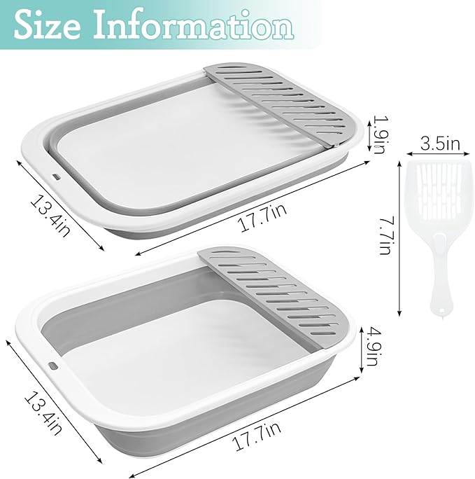 Fhiny Cat Litter Box Portable Shallow Litter Box 17.7"x13.4"x4.9" Foldable Cat Toilet with Scoop Open Kitty Potty Pan with Litter Drop Pedal Easy to Clean Travel Kitten Toilet(Gray)-PawvioPets