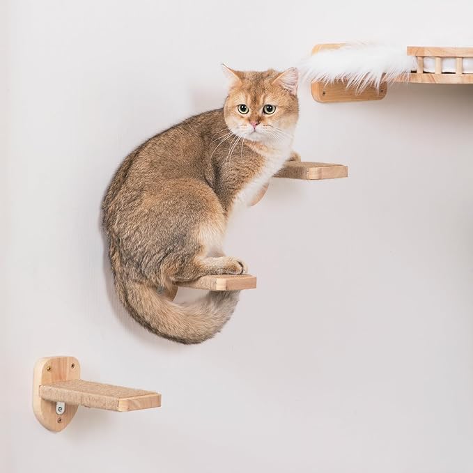 3pcs Cat Wall Steps, Climbing Mounted Furniture, Shelves With Hemp Rope Covered, Solid Wood Ladder for Playing and Climbing (Large-Wood)-PawvioPets