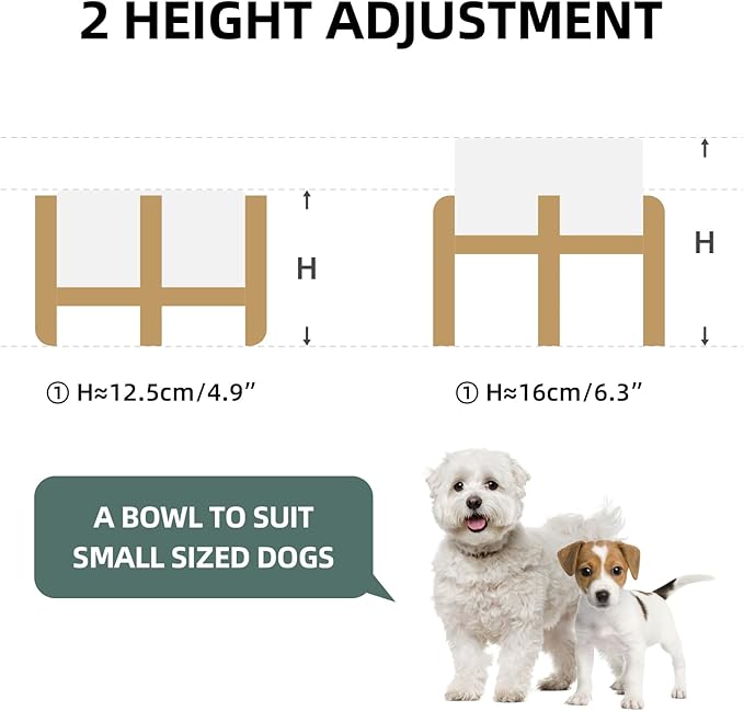 Ceramic Raised Double Bowls Set with Stand, 2 Heights Elevated, Food & Water Bowls for Small Breed Dogs, Weighted Dog Dishes, Pet Bowl(6.1'',28.7oz, White)-PawvioPets
