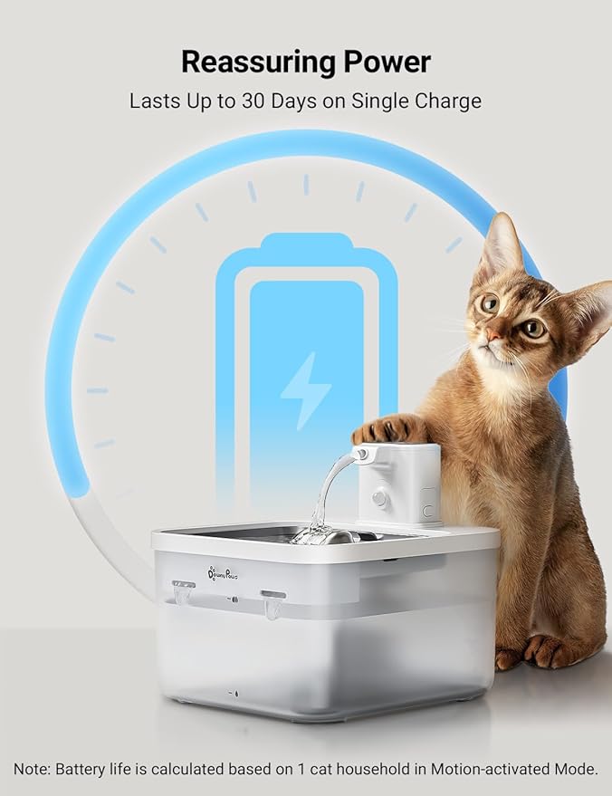 DownyPaws Battery Operated Cat Water Fountain Stainless Steel, 84oz/2.5L Fursink Wireless Pet Water Fountain for Cats Inside, Automatic Dog Water Dispenser with Faucet, Quiet Pump, BPA-Free, White-PawvioPets