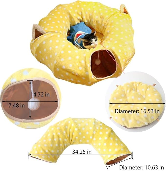AUOON Cute Cat Donut Tunnel - Round Cat Tunnel Bed with Washable Cushion Interactive Cat Toy for Indoor Cats Kitten Kitty Puppy Rabbit Ferret (Yellow)-PawvioPets