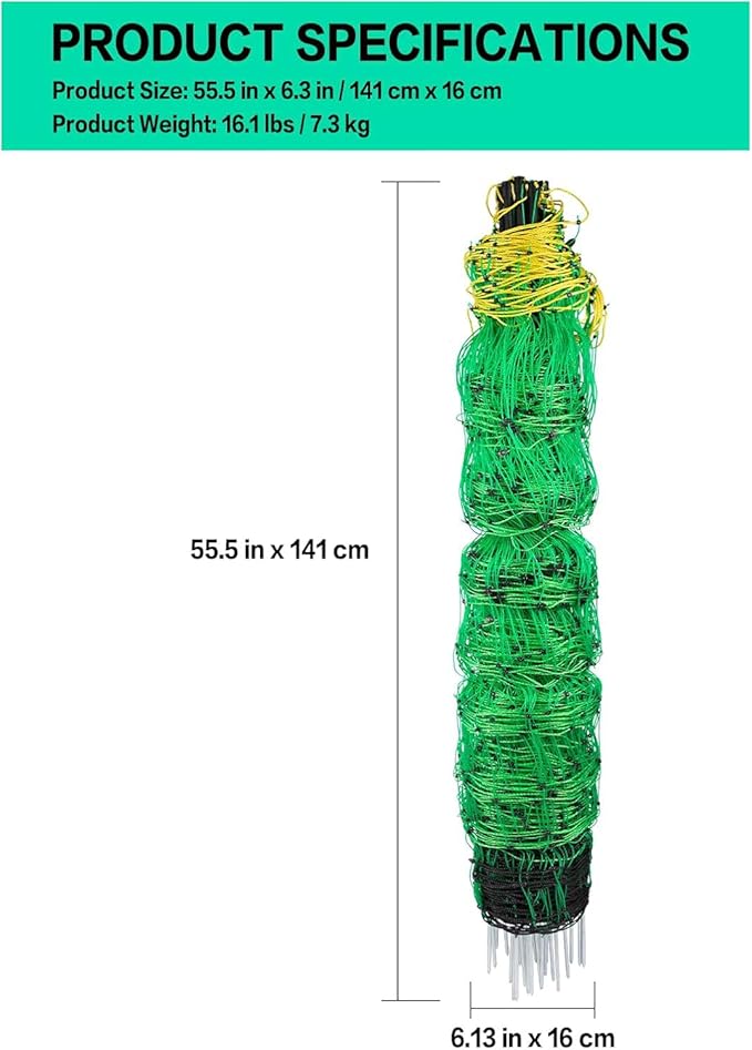 Electric Fence Netting, 49.6" H x 164' L, PE Net Fencing Kit with 14 Posts Double Spiked, Utility Portable Mesh for Sheep Hogs Goats Deer Dogs Lambs Used in Backyards Farms Ranches Patio, Green-PawvioPets