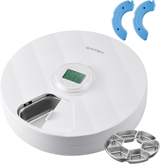 Automatic Cat Feeder Wet Food, Battery Operated Auto Feeder with 2 Ice Packs, Digital Cordless Pet Fresh Food Bowl with Timer and Memory Function for Cats Small Dogs (6-Meal Stainless Steel)-PawvioPets