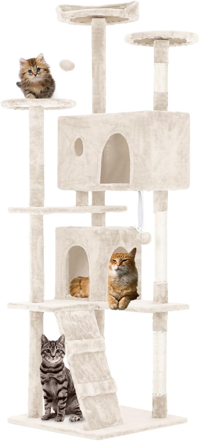FDW Cat Tree 70in Cat Tower Multi-Level Durable Cat Scratching Post & Cozy Fun Cat Jumping Platform Space Saving Cat Condo Pet Play House for Indoor Cats,Beige-PawvioPets