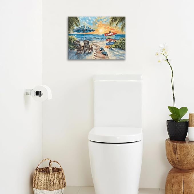 Beach Ocean Bathroom Pictures Wall Art, Seaside Coastal Bathroom Wall Decor, Sunrise Framed Painting Canvas Artwork for Bedroom Living Room Decorations 16"L x 12"W-PawvioPets