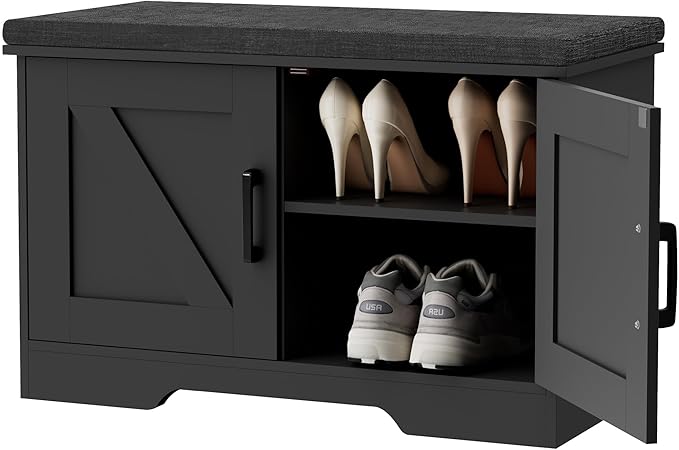2-Tier Storage Bench, Shoe Bench with Padded Seat Cushion, Entryway Bench with 2 Barn Doors, Adjustable Shelf, 13.8" D x 27.6" W x 17.7" H, for Entryway, Living Room, Bedroom, Black-PawvioPets