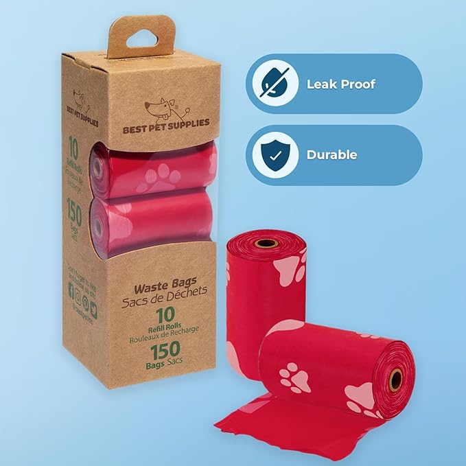 Best Pet Supplies Dog Poop Bags (150 Bags) for Waste Refuse Cleanup, Doggy Roll Replacements for Outdoor Puppy Walking and Travel, Leak Proof and Tear Resistant, Thick Plastic - Red-PawvioPets