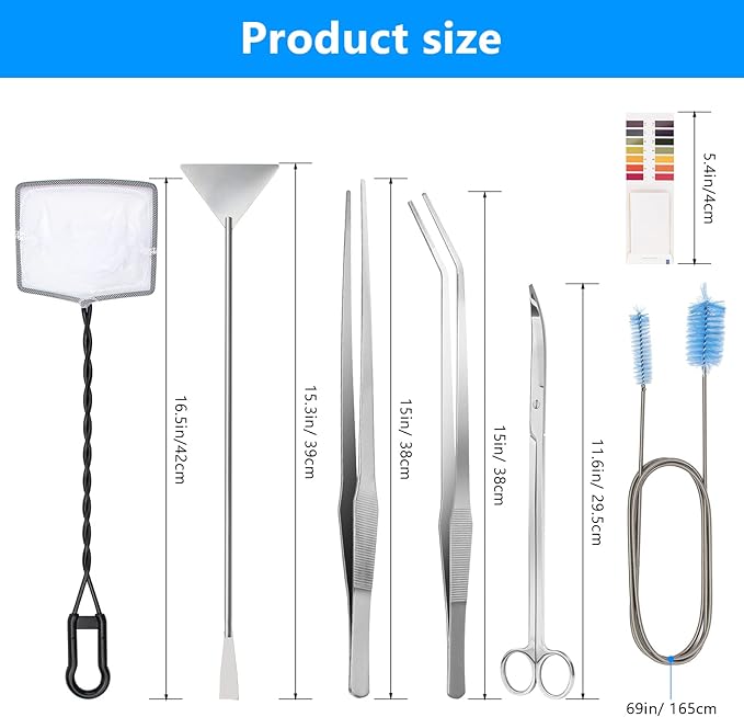 Extra Long Aquarium Aquascaping Tools Kit 8 in 1, Liveek Stainless Steel Aquarium Plant Tools Long Fish Tank Aquascape Tweezers Scissors Scrapers, PH Paper, Fish Net, Aquascape Clean Brush, Bag-PawvioPets