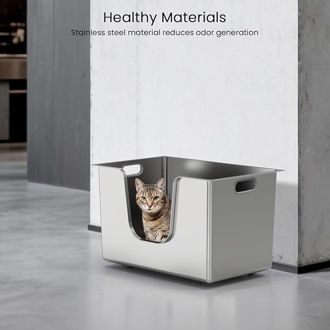 Enclosed Stainless Steel Cat Litter Box 13.8” High Sides, Extra Large Litter Box for Big Cats, XL Metal Kitty Litter Pan Pet Toilet with Wheels for Easy Mobility, Anti-Leakage, Non-Sticky, Easy Clean-PawvioPets