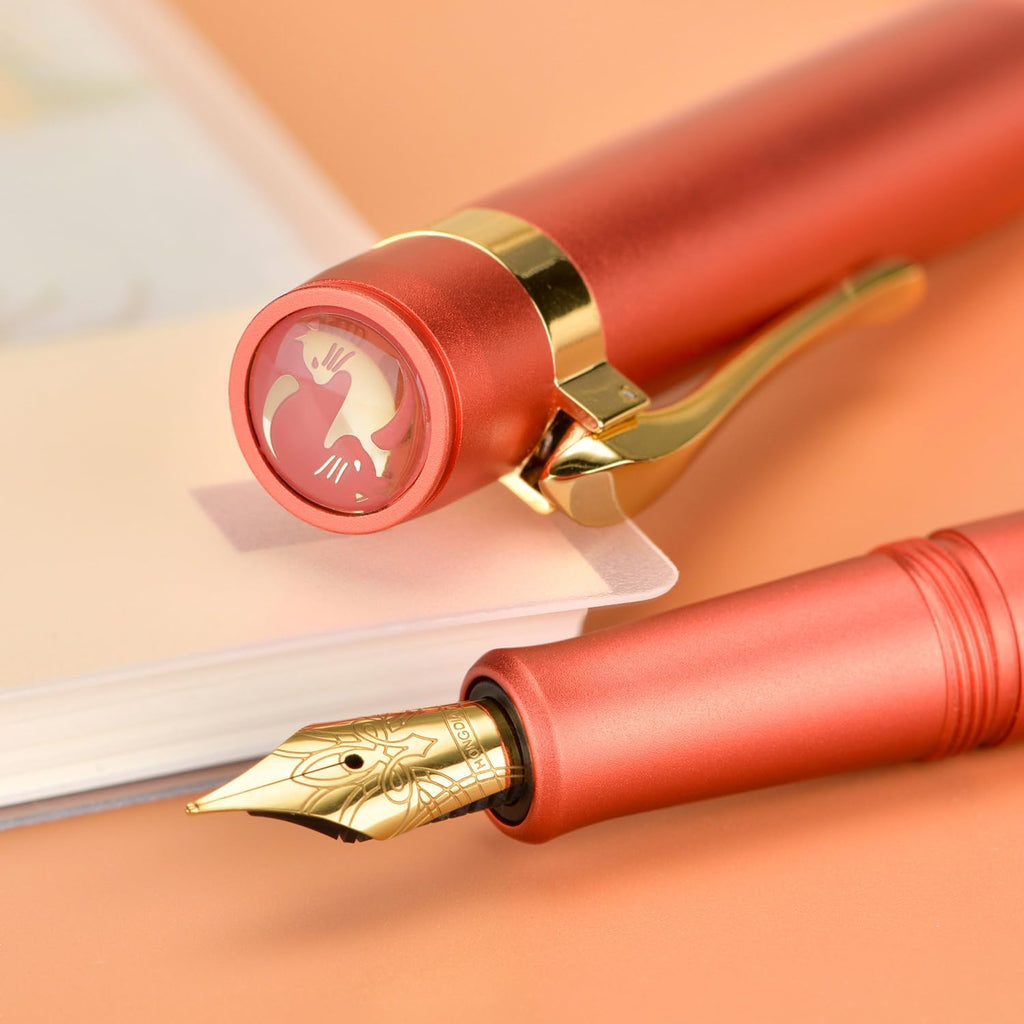 Hongdian M2 Black Forest Mini Fountain Pen, Long Blade Nib & Sleek Shape Aluminium Short Pocket Travel Pen (Orange Red)