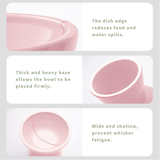 Extra Wide Elevated Ceramic Cat Bowl, 6.2" Shallow Dish for Whisker Fatigue Relief, 5" Height for Easy Feeding, Durable Raised Cat Food Bowls, Pack of 2, Pink-PawvioPets