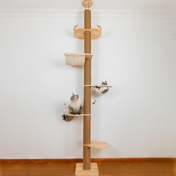 Floor to Ceiling Cat Tree Height (50-120 in) Adjustable Cat Tower 5 Tier Hemp Scratching Post High Cat Tree Sturdy Activity Tree Indoor Outdoor Cat Scratching Post Activity Center-PawvioPets