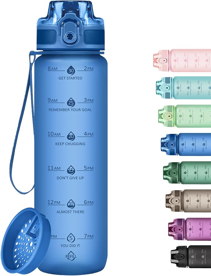 32oz Motivational Water Bottles with Time Marker & Fruit Strainer, Transparent Gradient Color Water Bottle with Times to Drink, Leakproof & BPA Free, Reusable Bottle with Strap (No Straw)-PawvioPets