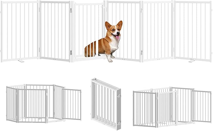 Full Metal Freestanding Dog Gate with Door, 24'' Height Foldable Pet Dog Fence for Indoor & Outdoor, 6 Panels Extra Wide Free Standing SmallDog Gates for Doorways,House,Stairs,Porch,Deck,Yard-PawvioPets