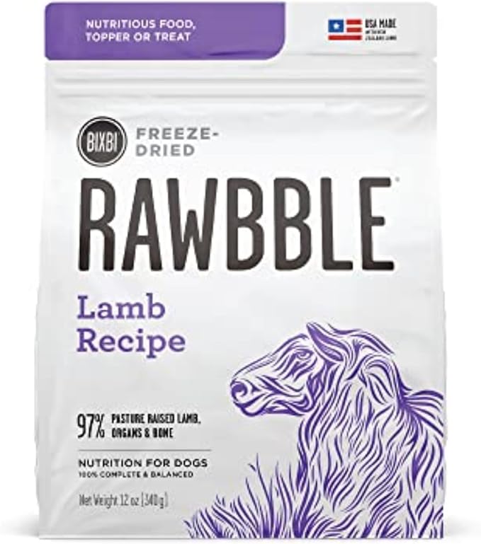 BIXBI Rawbble Freeze Dried Dog Food, Lamb Recipe, 12 oz - 97% Meat and Organs, No Fillers - Pantry-Friendly Raw Dog Food for Meal, Treat or Food Topper - USA Made in Small Batches-PawvioPets