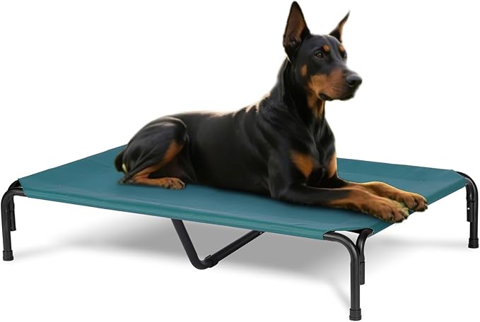 Elevated Dog Bed for Outdoor, XXXL Raised Dogs Cot with Washable Mesh, Cooling Pet Beds Chew Proof Dog Hammock, Metal Frame Lifted Platform for Training Outside Camping, 59 inch Green-PawvioPets