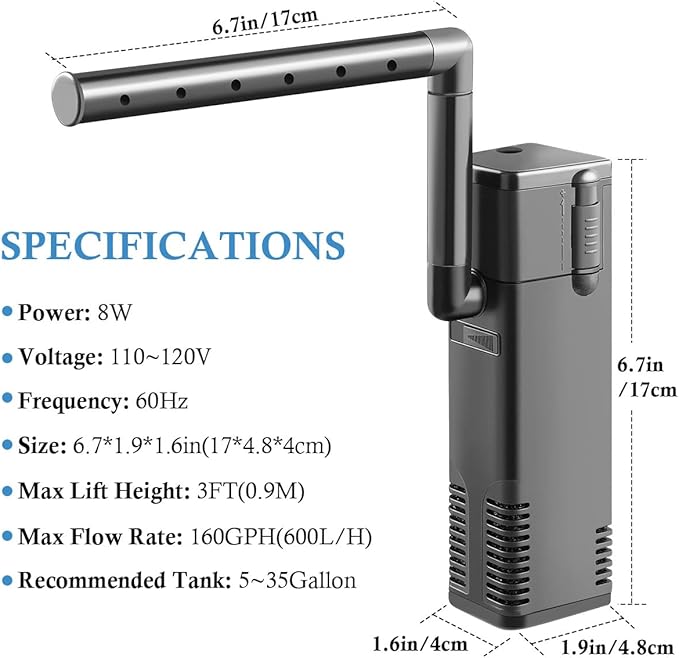 FEDOUR Submersible Aquarium Internal Filter, Filter with Water Pump for Fish Tank up to 35 Gallon (8W for 5-35 gallon-new)-PawvioPets