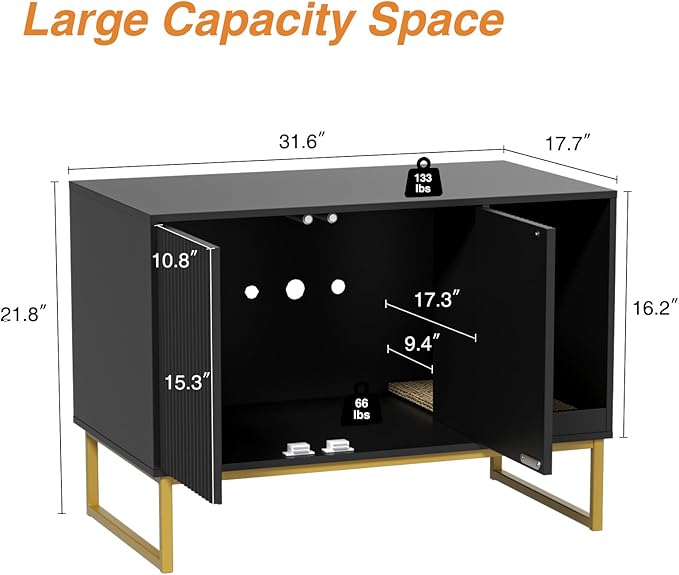Cat Litter Box Enclosure, Fluted Hidden Litter Box Furniture with Scratch Pad and Metal Legs, Modern Enclosed Cat Cabinet, 31.5 x 17.7 x 21.7 Inches Indoor Pet House for Living Room, Washroom, Black-PawvioPets