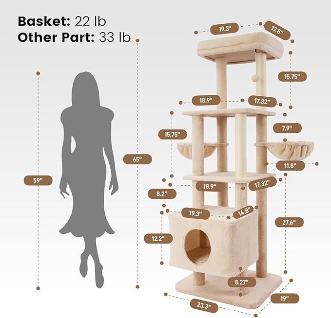 Gardner Pet 65in Heavy Duty Cat Tree Tower for Large Cats, Multi-Level Cat Furniture with Replaceable Sisal Scratching Post, Hammock | Extra-Large Platform & Condo (Beige)-PawvioPets