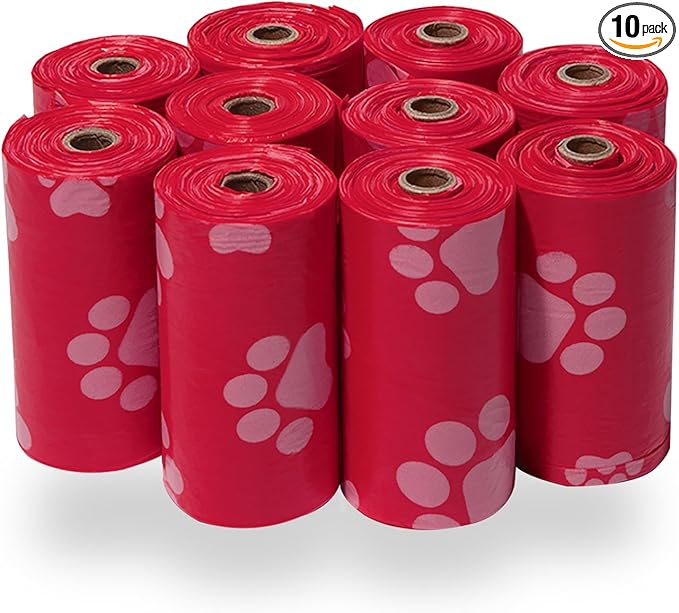 Best Pet Supplies Dog Poop Bags (150 Bags) for Waste Refuse Cleanup, Doggy Roll Replacements for Outdoor Puppy Walking and Travel, Leak Proof and Tear Resistant, Thick Plastic - Red-PawvioPets