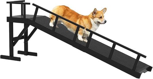73" Dog Ramp for Bed, Pet Ramp with Removable Side Rail and Non-Slip Surface, Pet Ramp for Small & Large & Senior Dogs with Rest Platform and DIY Glow Strips,Dog Stairs for Couch, Black-PawvioPets