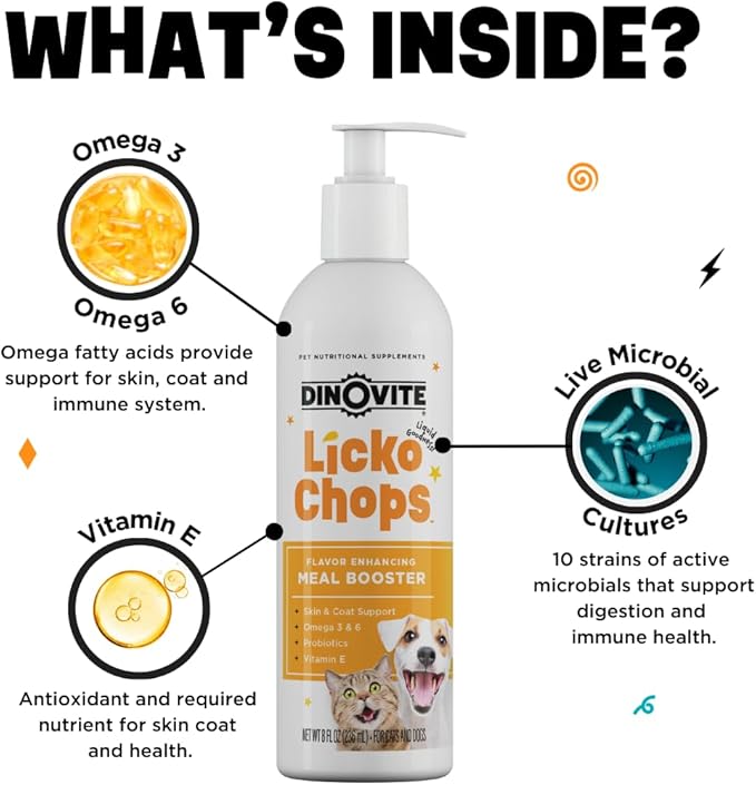 Dinovite Lickochops for Dog & Cat Supplement Enhanced with Omega-6, 3 Fatty Acids, Probiotics and Vitamin E, 16 oz with Pump-PawvioPets