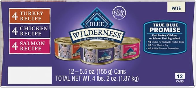 Blue Buffalo Wilderness High Protein, Natural Adult Pate Wet Cat Food Variety Pack, Chicken, Salmon, Turkey 5.5-oz can (12 count - 4 of Each Flavor)-PawvioPets